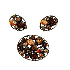 Vintage Made in Austria Topaz AB Shell Rhinestone Brooch Earring Set